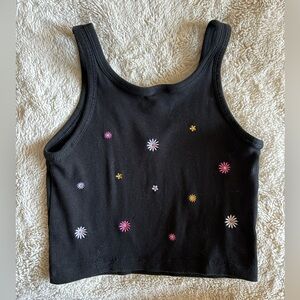 PINK Black baby tee embroidered with cute trendy flowers.
